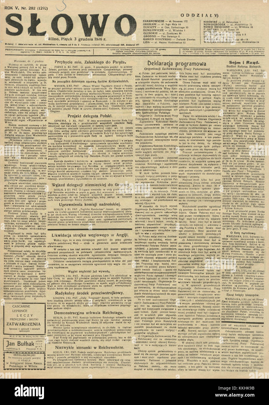 In dieser Ausgabe von "Så‚owo" aus dem Jahr 1926, Nummer 282, wird die Organisation der konservativen Arbeit staatlicher Dienste erörtert. Die Publikation ist Teil der polnischen Zwischenkriegsgeschichte und spiegelt die politische und soziale Atmosphäre der damaligen Zeit wider. Stockfoto