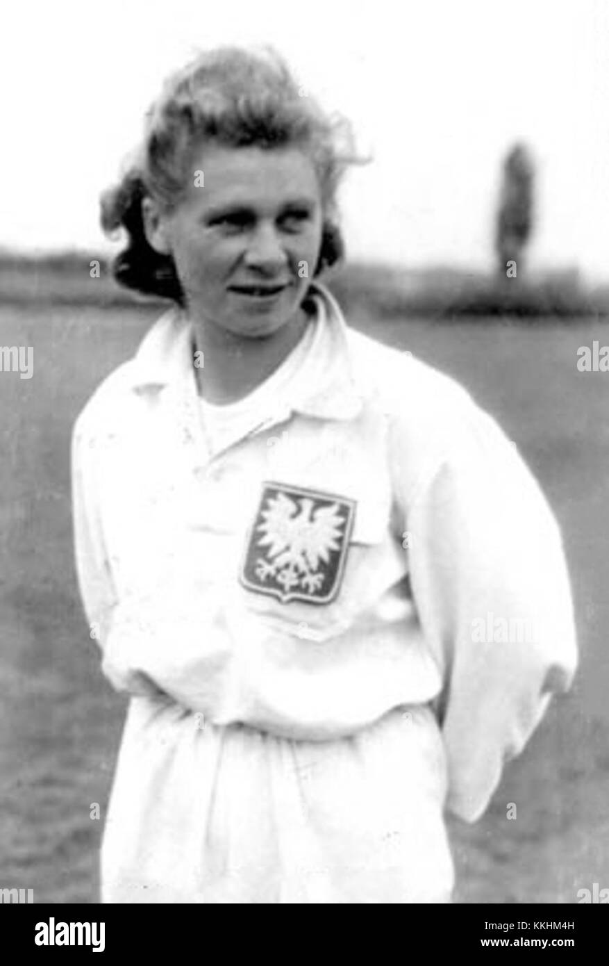 Dieses Porträt zeigt Melania Sinoracka während der Leichtathletikspiele 1948 in Kraków und zeigt ihre Entschlossenheit und ihren Fokus bei der Teilnahme am Qualifying. Stockfoto
