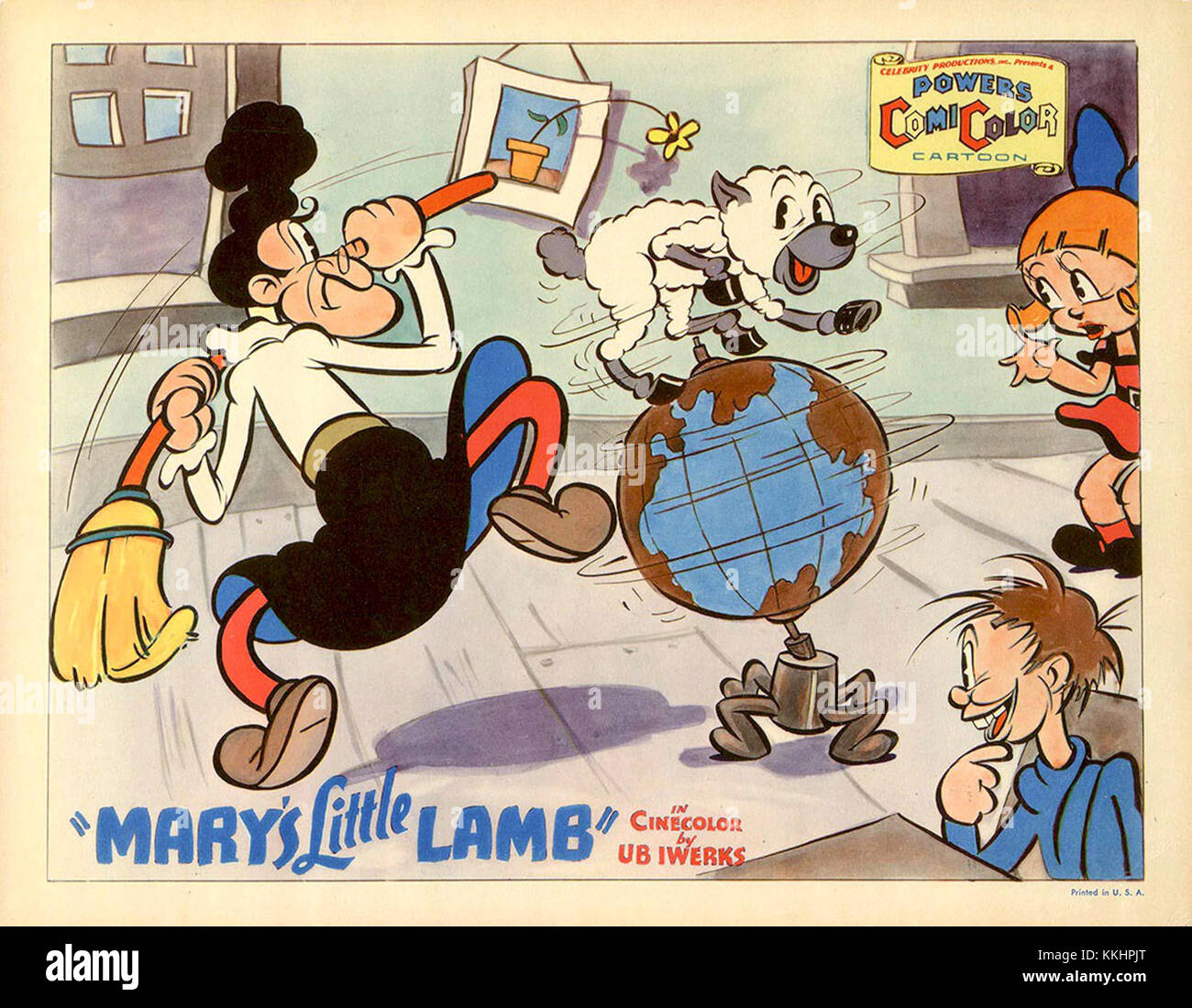 Diese Foyerkarte aus dem Jahr 1935 zeigt ein Bild aus dem Film „Mary's Little Lamb“. Der Film, eine Comedy-Kurzfilm, wurde in den 1930er Jahren produziert und basiert auf dem beliebten Kinderreim. Stockfoto