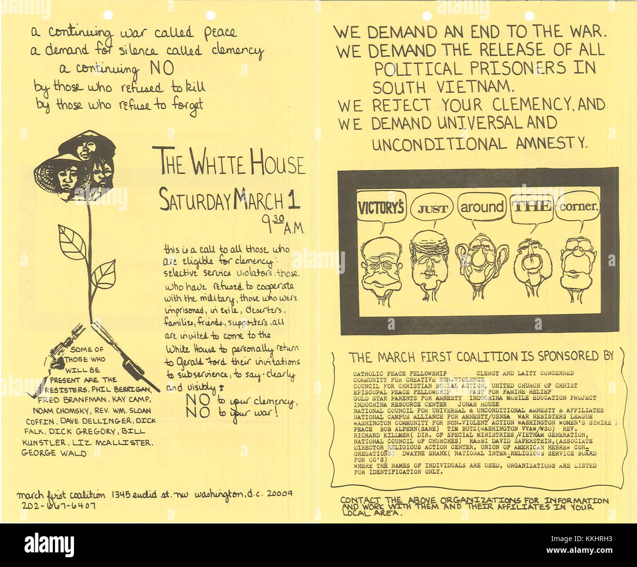 Dieser Anti-Kriegs-märz-Flyer 1975 stellt einen Protest gegen die andauernden globalen Konflikte dieser Zeit dar. Sie hebt den Widerstand und den Aktivismus der Öffentlichkeit während der 1970er Jahre hervor und spiegelt die politische Landschaft der Epoche wider. Stockfoto