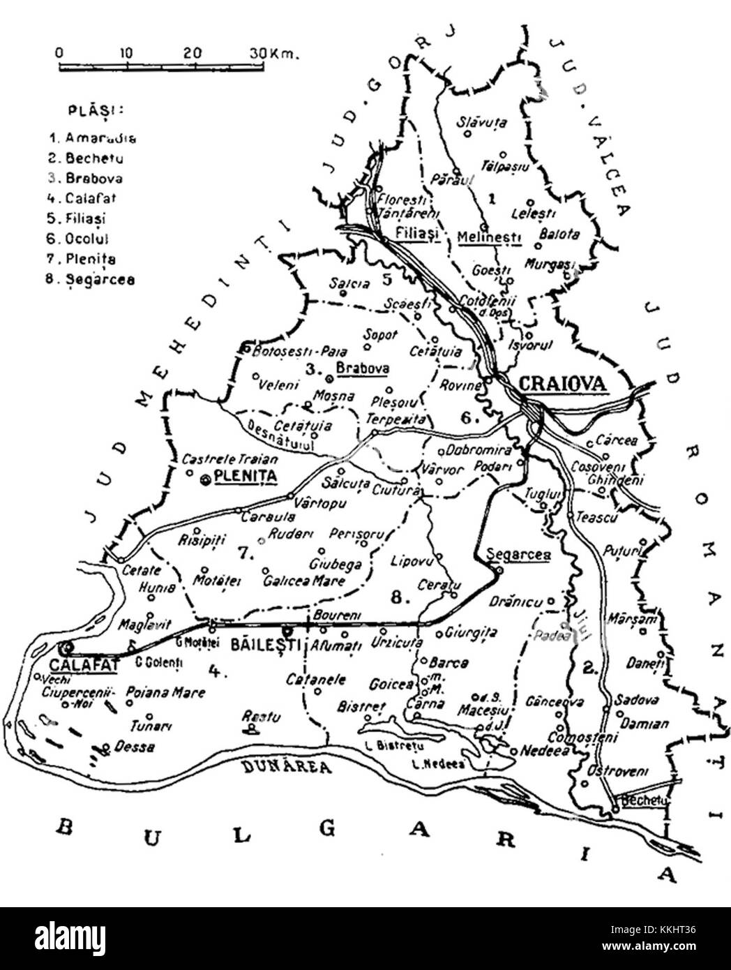 Eine Karte von Dolj County in Rumänien aus dem Jahr 1938, die das Layout und die Infrastruktur der Region während der Zwischenkriegszeit, einer entscheidenden Zeit in der rumänischen Geschichte, kurz vor dem Zweiten Weltkrieg, darstellt Stockfoto