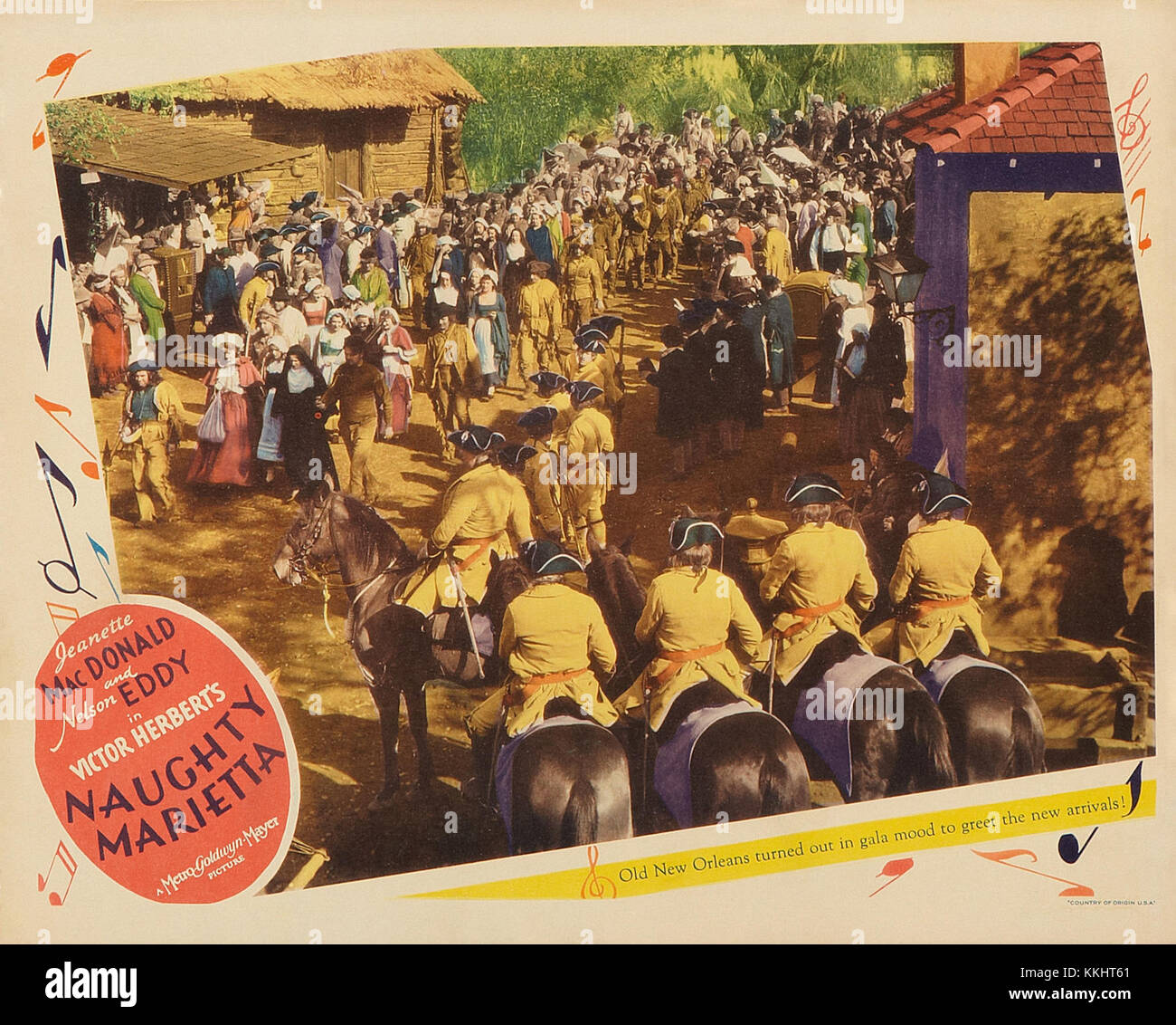 Dieses Vintage-Poster wirbt für das Broadway-Musical *Naughty Marietta* der 1950er Jahre, das eine Mischung aus Romantik, Comedy und Musik bot. Das Poster fängt das Wesen der lebhaften Atmosphäre und unvergesslichen Aufführungen der Produktion ein. Stockfoto