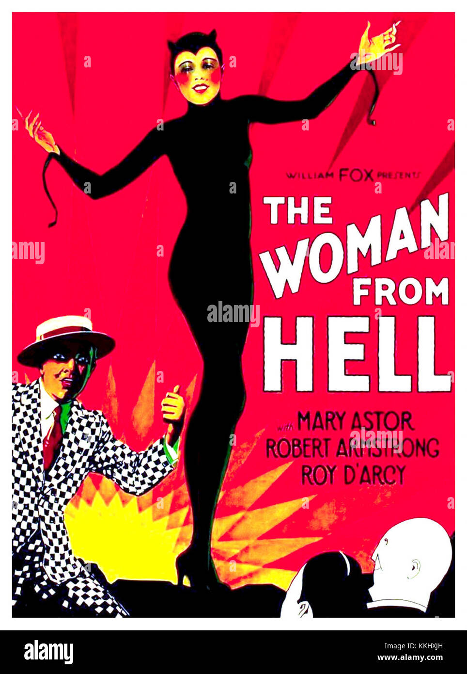 Dieses Werbeplakat für „die Frau aus der Hölle“ zeigt eine dramatische Szene aus dem Film. Das Kunstwerk hebt die Noir-Genre-Elemente und die intensive Stimmung hervor, die typisch für Krimi-Thriller der 1950er Jahre ist. Stockfoto