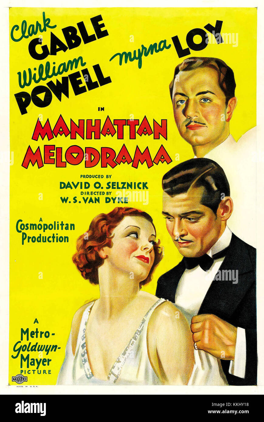 Ein Vintage-Filmplakat für den Film Manhattan Melodrama aus dem Jahr 1934, das die Essenz des frühen Hollywood-Kinos und seine dramatischen Themen einfängt. Stockfoto