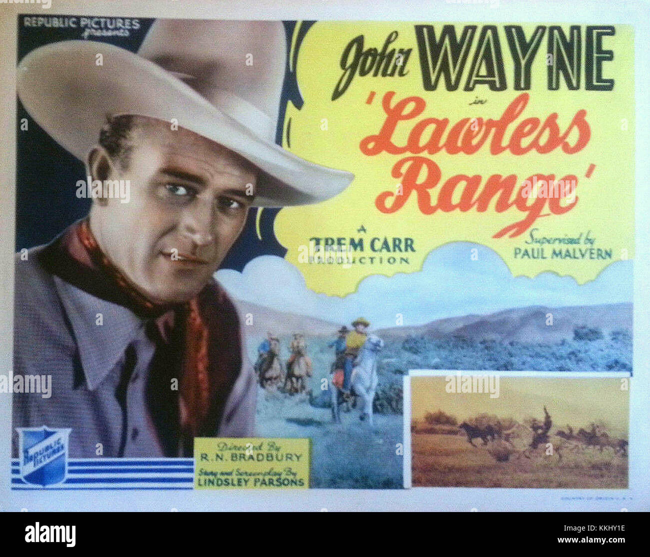 Eine Lobbykarte für „The Lawless Range“, einen Western-Film aus dem Jahr 1931 mit Tom Mix, der eine Szene aus dem Film mit Schlüsselfiguren darstellt. Stockfoto