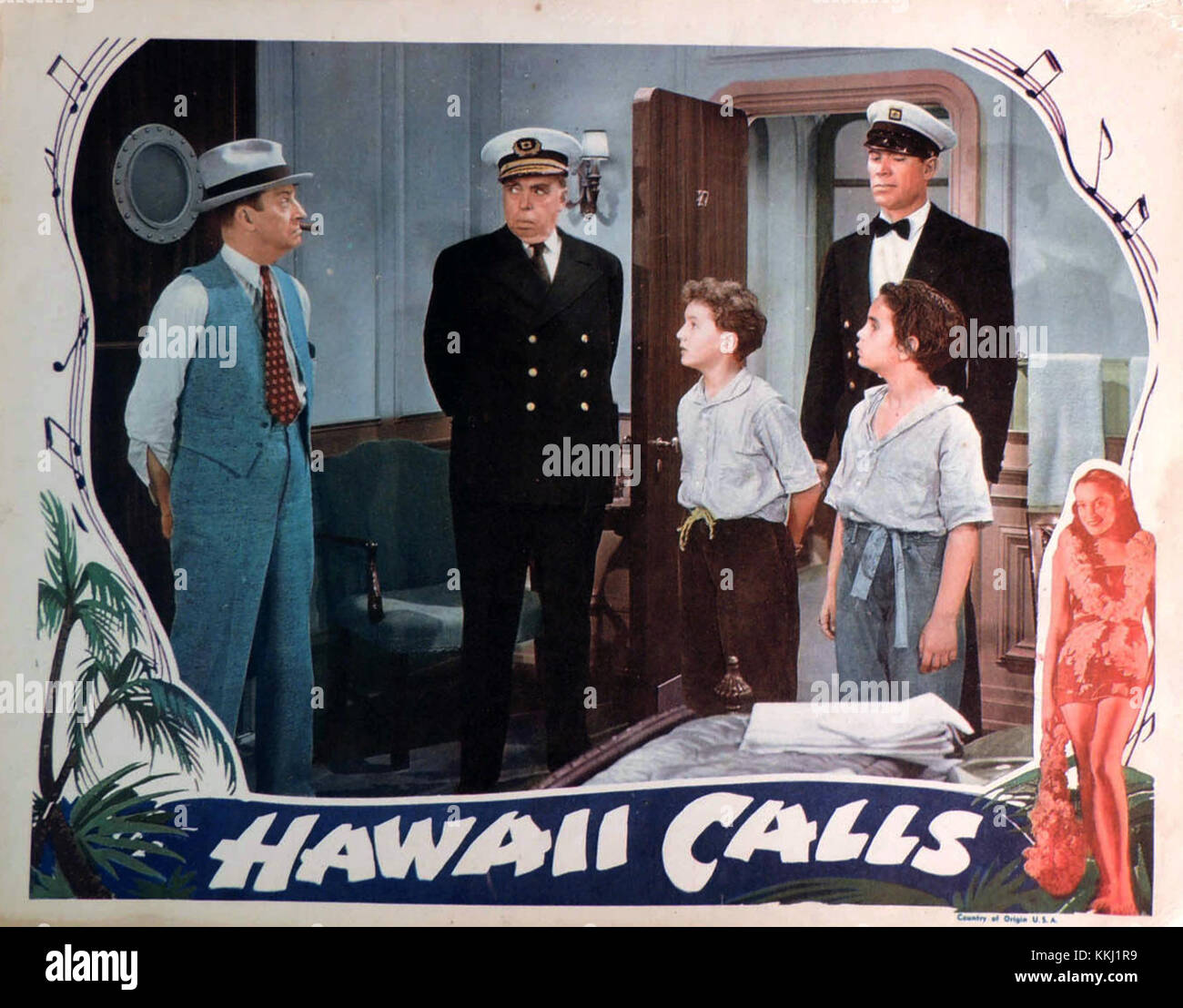 Eine Lobbykarte, die für das Radioprogramm „Hawaii Calls“ wirbt und dessen Rolle bei der Popularisierung der hawaiianischen Musik unterstreicht. Stockfoto