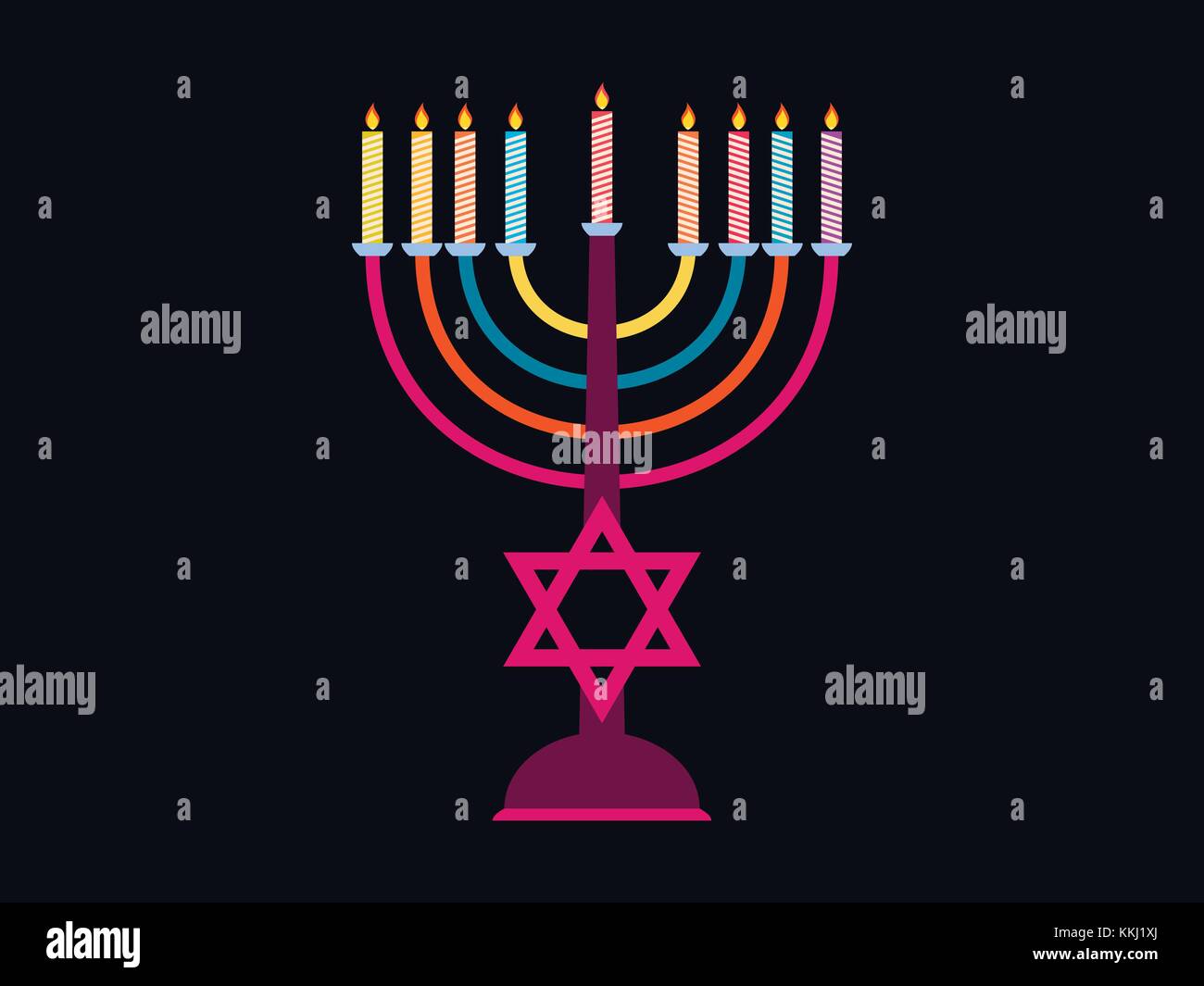 Happy Chanukah. Leuchter mit 9 Kerzen in verschiedenen Farben.  Sechszackigen Stern. Vector Illustration Stock-Vektorgrafik - Alamy