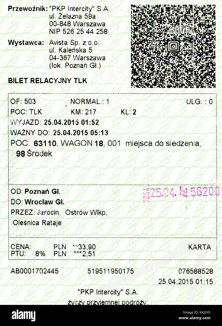 Das PKP Intercity-Ticket für die Strecke von Posen nach Breslau stellt die Zugverbindung zwischen diesen beiden Großstädten in Polen dar. Das Ticket wird für Hochgeschwindigkeitszüge auf dem polnischen Eisenbahnnetz verwendet. Stockfoto