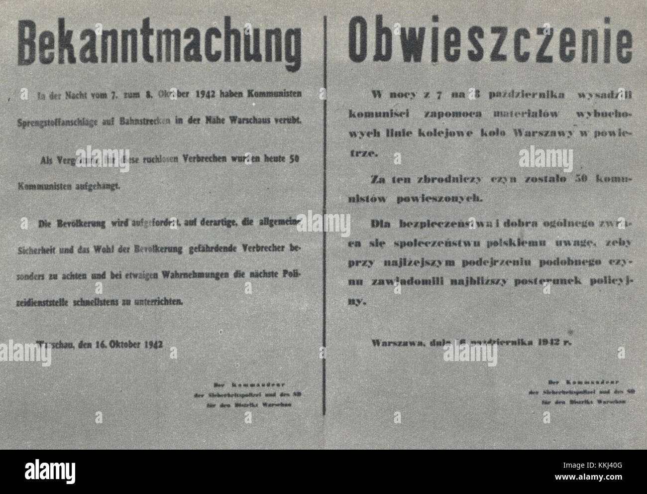 Diese historische Ankündigung beschreibt die Hinrichtung von 50 polnischen Geiseln durch Nazi-deutsche Truppen in Warschau, ein tragisches Ereignis während der Besetzung Polens im Jahr 1942. Stockfoto