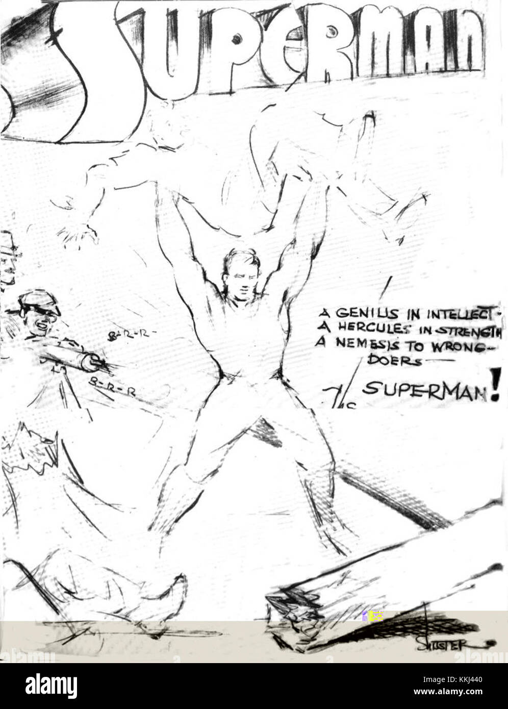 Dieses Bild aus dem Jahr 1933 zeigt eine frühe Darstellung von Superman, dem ikonischen Superhelden, während seines ersten Auftritts in Comics. Sein visuelles Design und sein Charakter waren in dieser Zeit in den Kinderschuhen, was den Beginn seiner langanhaltenden Wirkung auf die Populärkultur markierte. Stockfoto