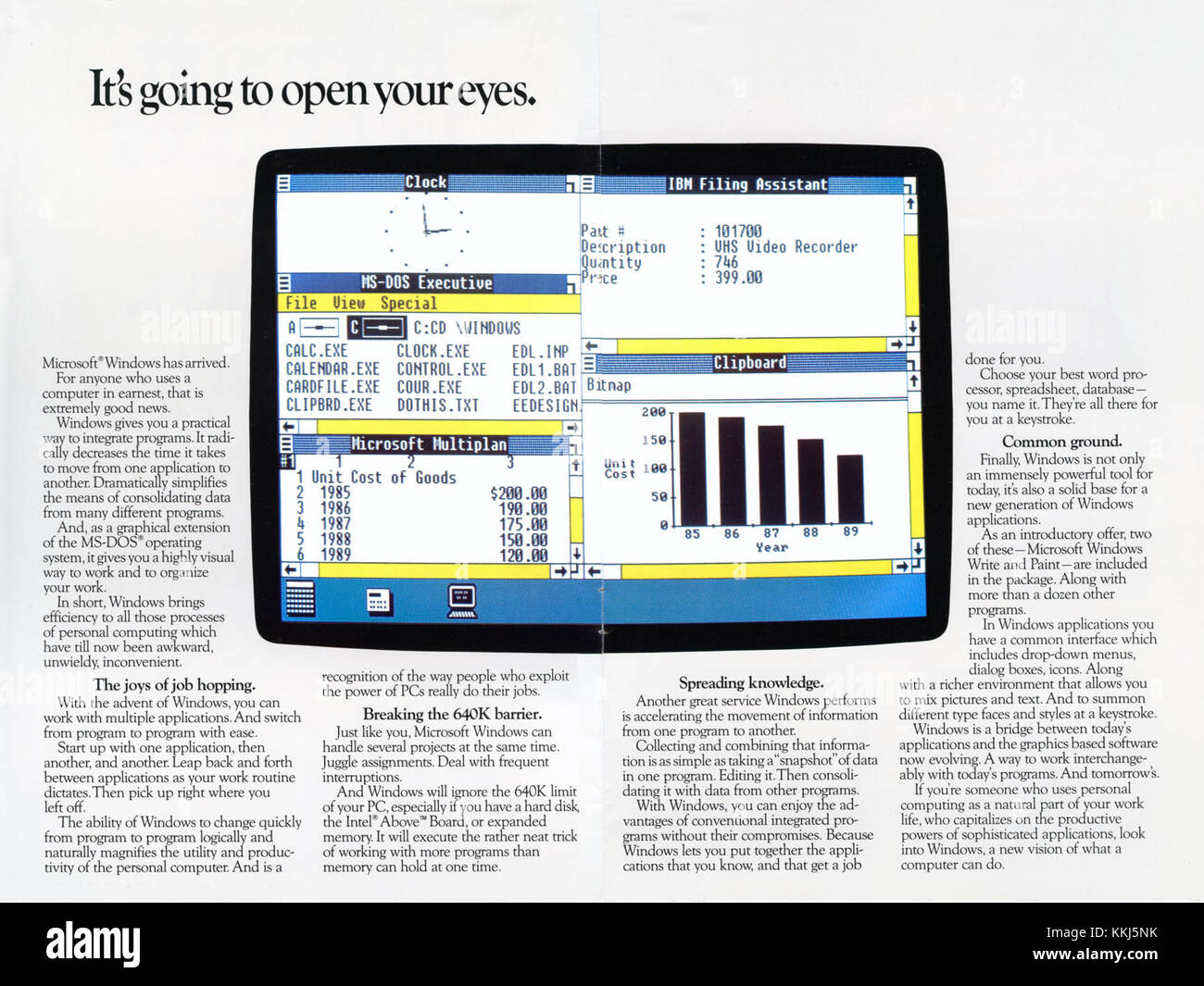 Microsoft Windows 1,0, das 1985 veröffentlicht wurde, war die erste grafische Benutzeroberfläche (GUI) für IBM-PCs. Diese Version legte die Grundlage für zukünftige Versionen von Windows und markierte einen entscheidenden Moment in der Entwicklung von Computersoftware. Stockfoto