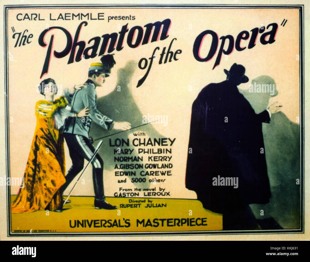 Diese Foyerkarte aus „das Phantom der Oper“ zeigt wichtige Szenen aus dem klassischen Stummhorrorfilm aus dem Jahr 1925 mit Lon Chaney als ikonischem Phantom. Stockfoto