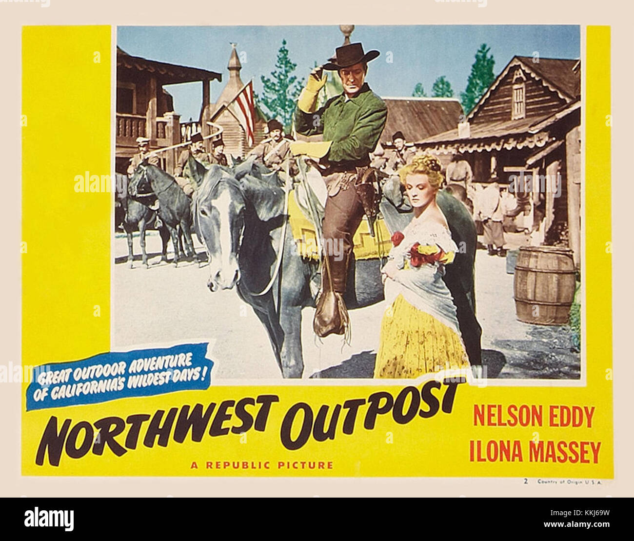 Poster für „Northwest Outpost“, ein US-amerikanisches Musical-Western-Film von Allan Dwan aus dem Jahr 1947 mit Nelson Eddy und Ilona Massey. Stockfoto