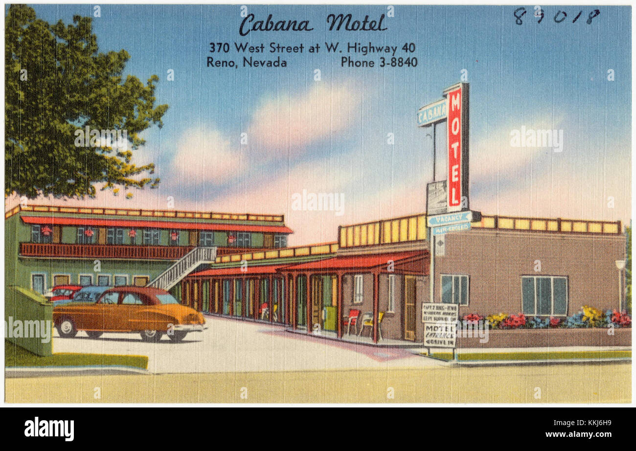 Das Cabana Motel, das sich an der West Street in Reno, Nevada, befindet, war ein lokales Motel, das für seine Unterkünfte und seine Bedeutung in der Geschichte der Gastfreundschaft der Region bekannt ist. Das Hotel bot Unterkunft am Highway 40 an. Stockfoto