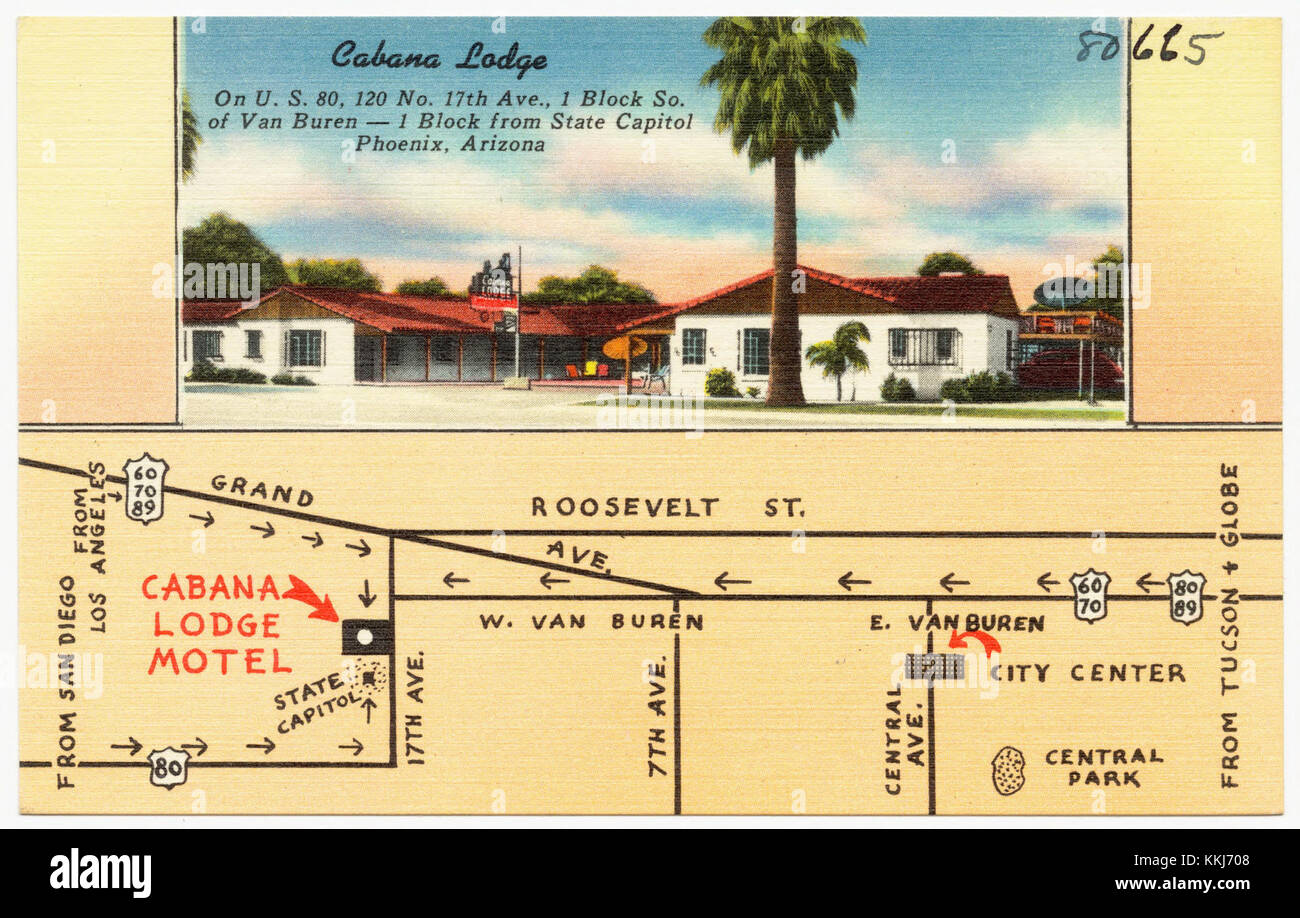 Die Cabana Lodge liegt an der U.S. Route 80 in Phoenix, Arizona, und bietet günstige Unterkünfte in der Nähe der Hauptstadt des Bundesstaates und lokaler Sehenswürdigkeiten. Stockfoto