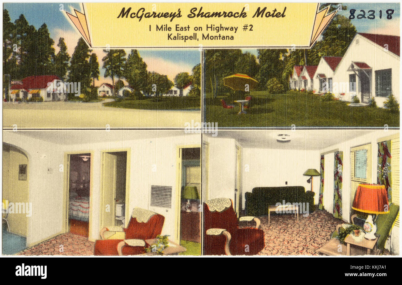 McGarvey's Shamrock Motel liegt nur 1,5 km östlich des Highway 2 in Kalispell, Montana. Es bietet Unterkünfte für Reisende und ist ein lokales Wahrzeichen für Besucher, die in die Gegend reisen. Stockfoto