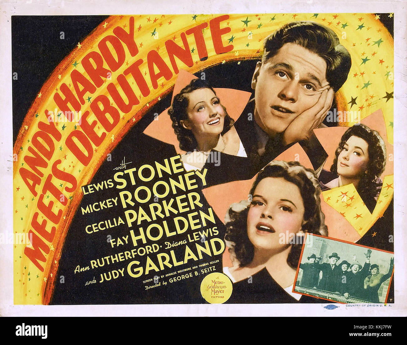 Ein Standbild aus dem Film *Andy Hardy meets Debutante* aus dem Jahr 1940, einer klassischen amerikanischen Komödie mit Mickey Rooney, die die Darstellung des Teenagerlebens und romantischer Fehlabenteuer zeigt. Stockfoto
