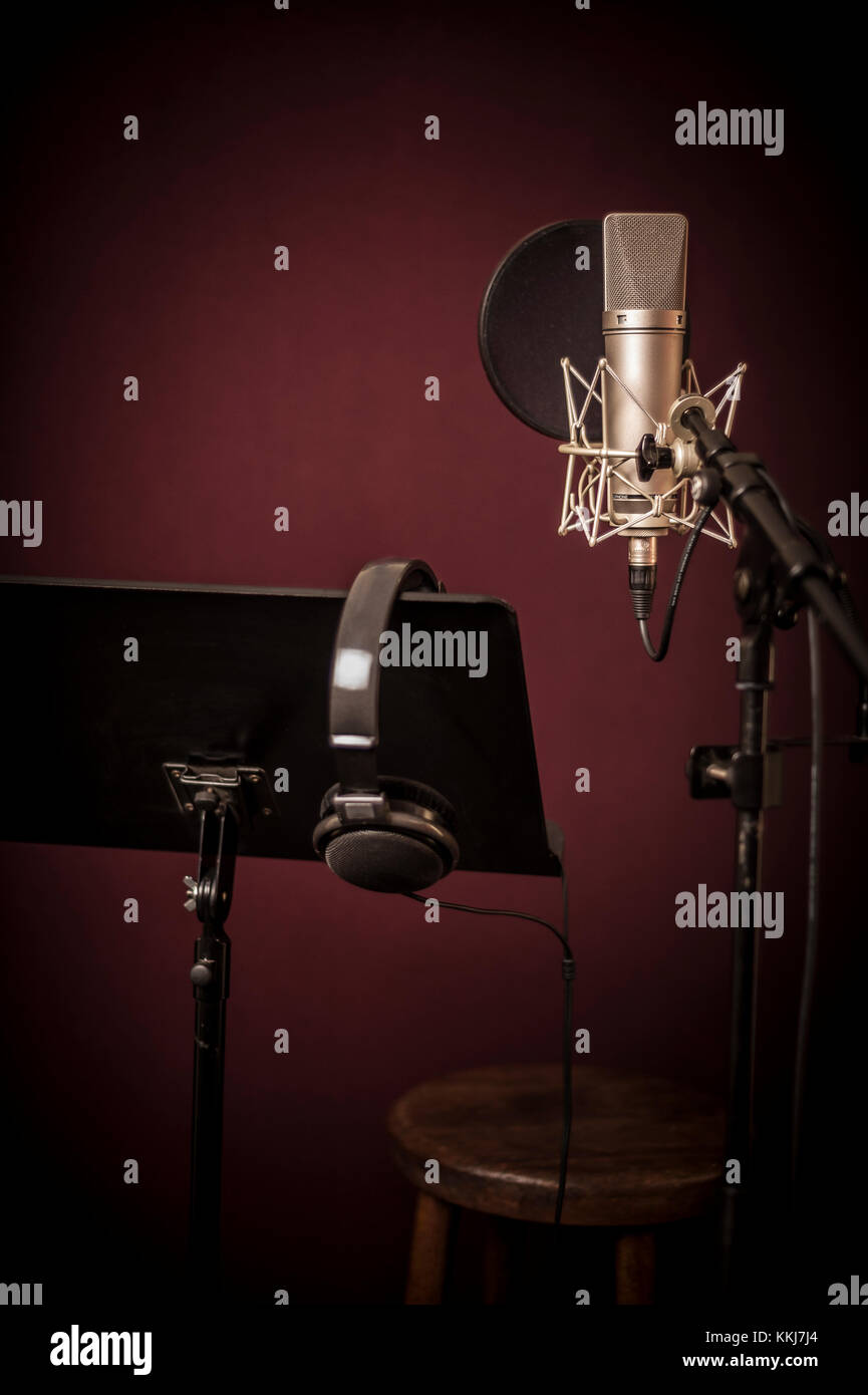 Voice Recording Studio einrichten, mit Mikrofon, Notenständer und Kopfhörer, vertikal Stockfoto