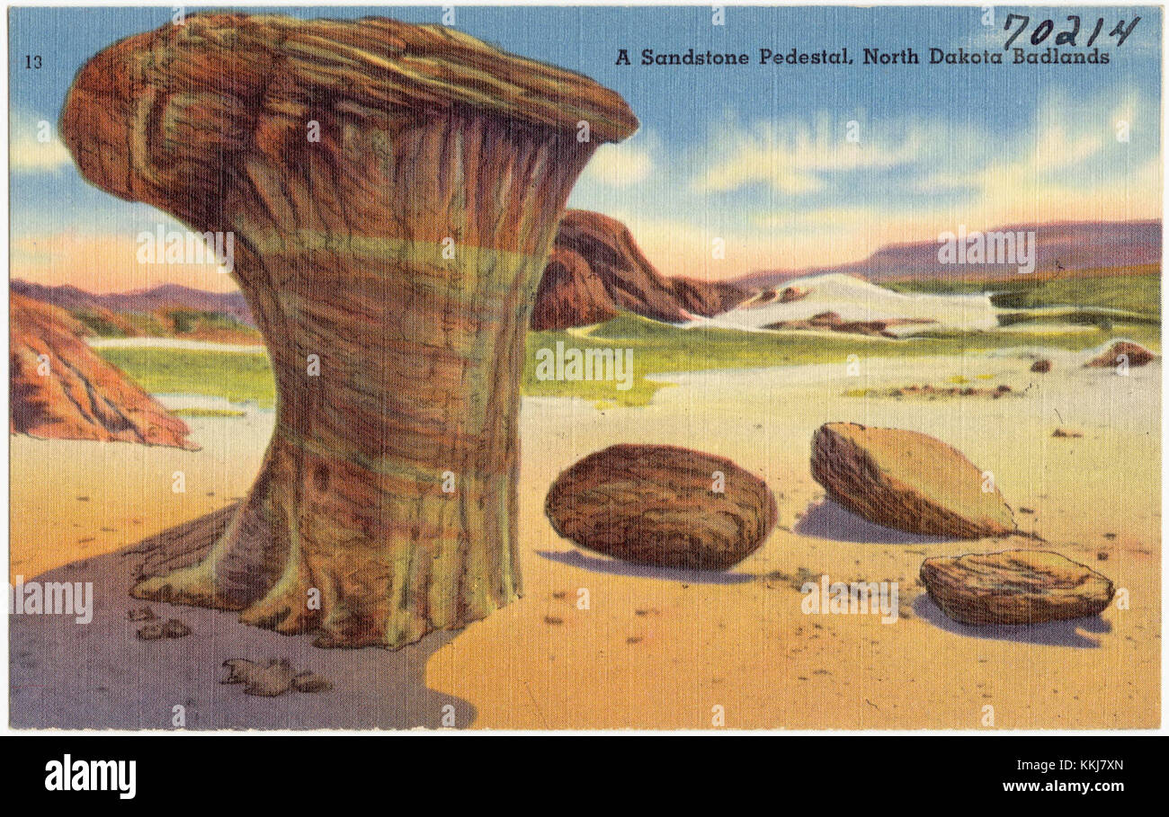 Dieser Sandsteinsockel in den North Dakota Badlands ist ein bemerkenswertes geologisches Merkmal. Die Formation ist Teil der einzigartigen Gesteinsstrukturen der Region, die über Jahrtausende durch Erosion geformt wurden. Stockfoto