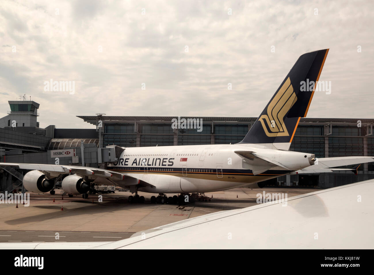 Singapore Airlines A380 9 V SKL am airbridge am Internationalen Flughafen Changi in Singapur Stockfoto
