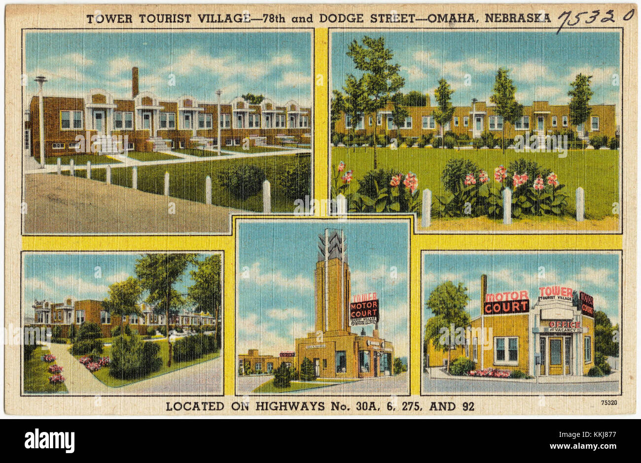 Tower Tourist Village -- 78th und Dodge Street -- Omaha, Nebraska. Gelegen an den Highway Nr. 30A, 6, 275 und 92 (75320) Stockfoto