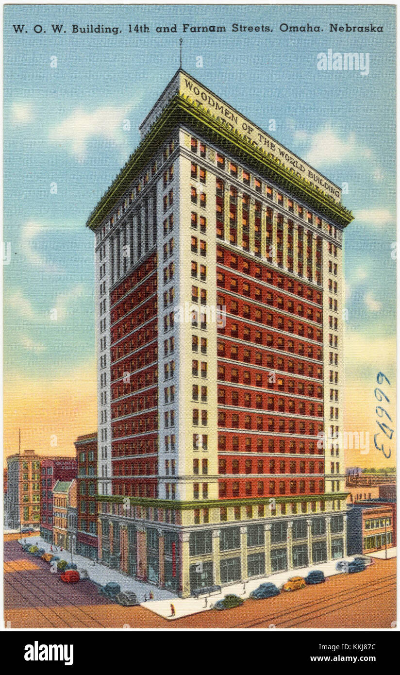 Das W.O.W. Building befindet sich an der 14th Street und Farnam Street in Omaha, Nebraska. Es ist ein historischer Wolkenkratzer, der für seine Art déco-Architektur und seine Rolle als wichtiges Bürogebäude in der Skyline der cityÂ bekannt ist. Stockfoto