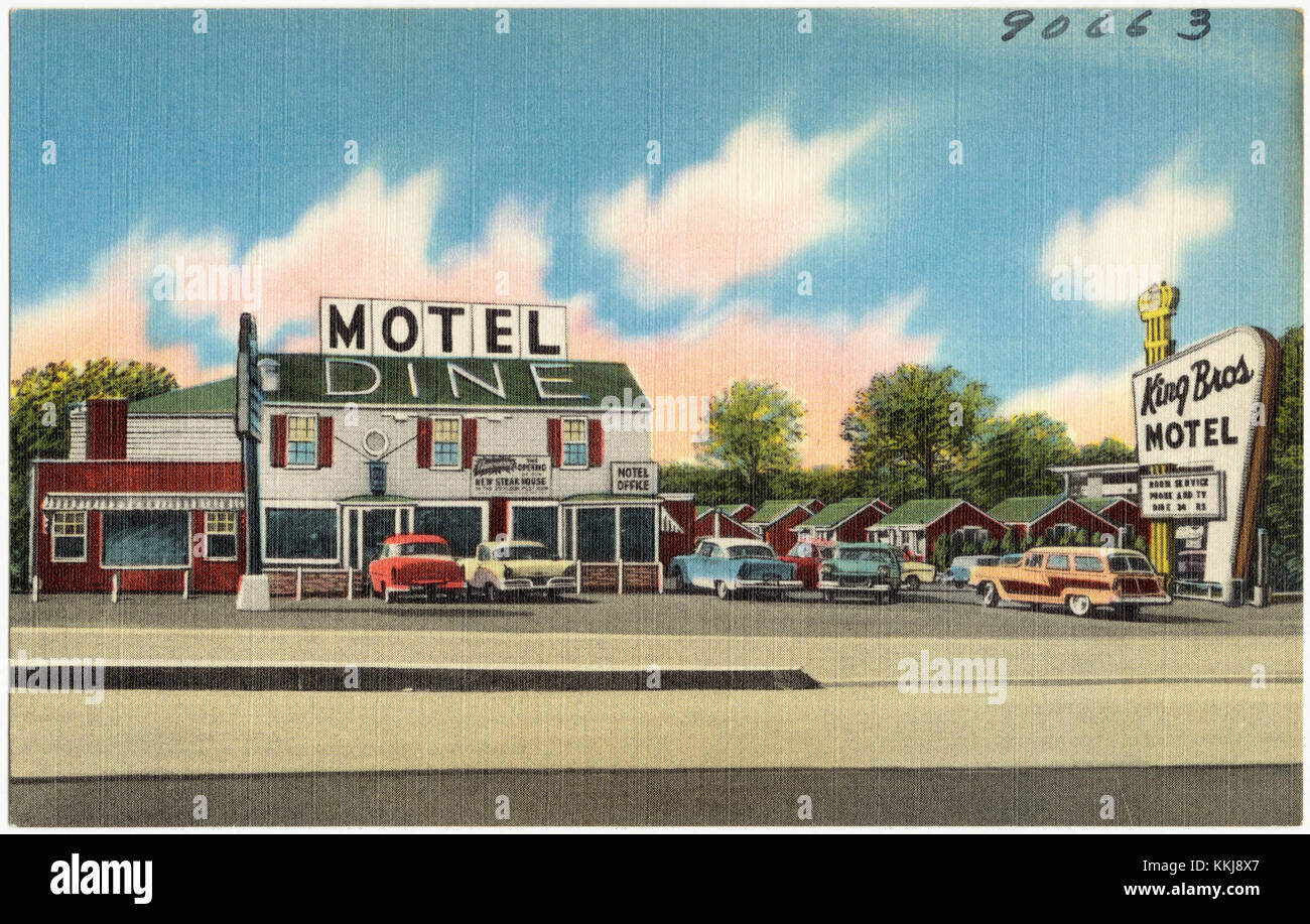 King Bros. Motel, Clayton Rd Und Lindbergh in St. Louis, Missouri, war Mitte des 20. Jahrhunderts ein bekanntes Etablissement. Dieses Motel bietet Reisenden an wichtigen Autobahnen, einschließlich Route 40 und 66, Unterkünfte in einer wichtigen Lage für Reisende, die durch St. Louis fahren. Stockfoto