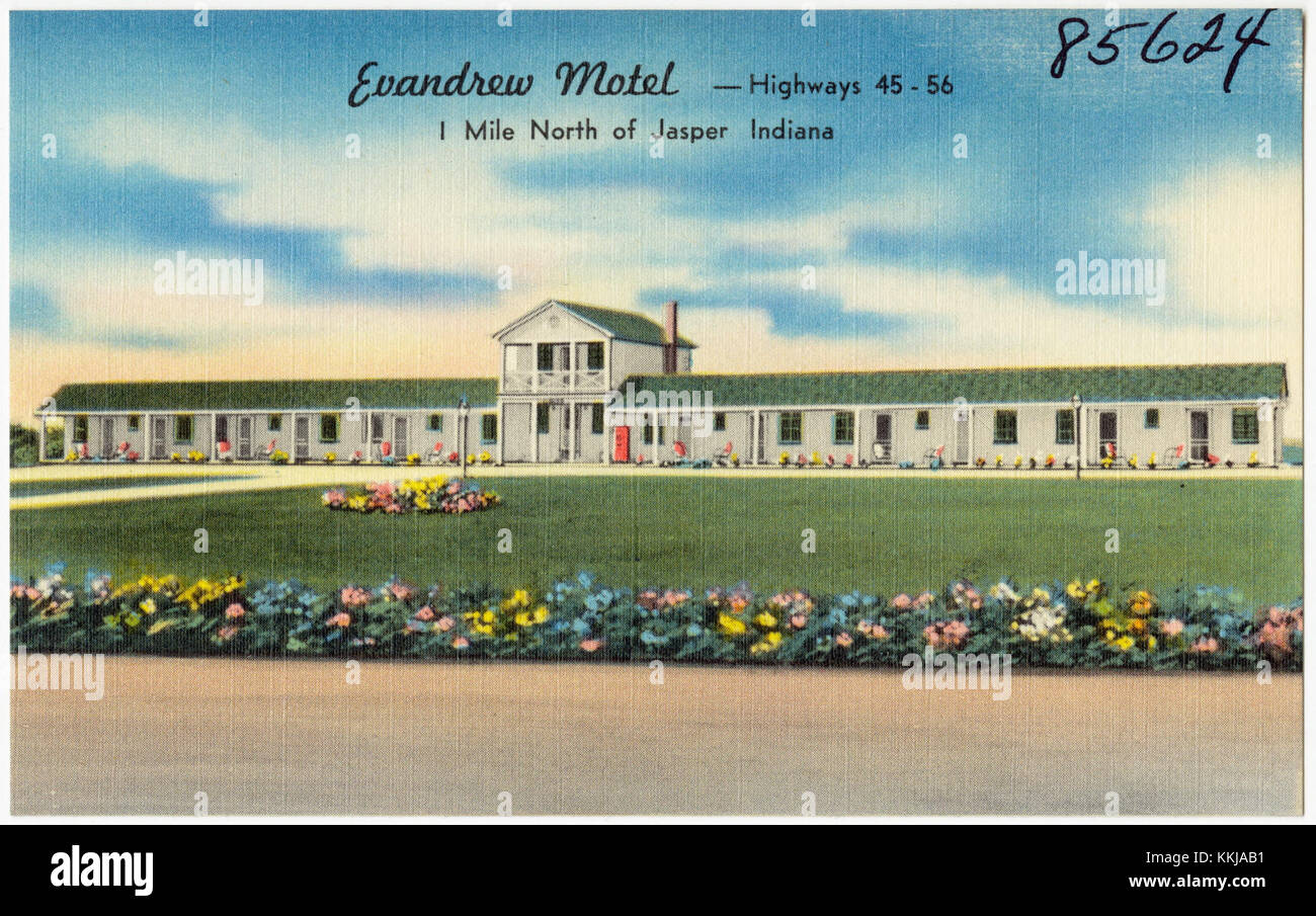 Das Evandrew Motel liegt am Highway 45-56, 1,5 km nördlich von Jasper, Indiana, und bietet Unterkünfte und Annehmlichkeiten für Reisende auf dieser Strecke. Stockfoto