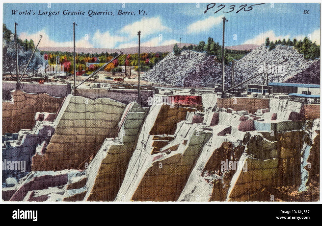 Die Granitsteinbrüche in Barre, Vermont, sind als die größten der Welt bekannt. Barre ist seit mehr als einem Jahrhundert ein wichtiges Zentrum für die Granitproduktion. Die Steinbrüche liefern Granit für Denkmäler, Gebäude und Skulpturen weltweit. Stockfoto