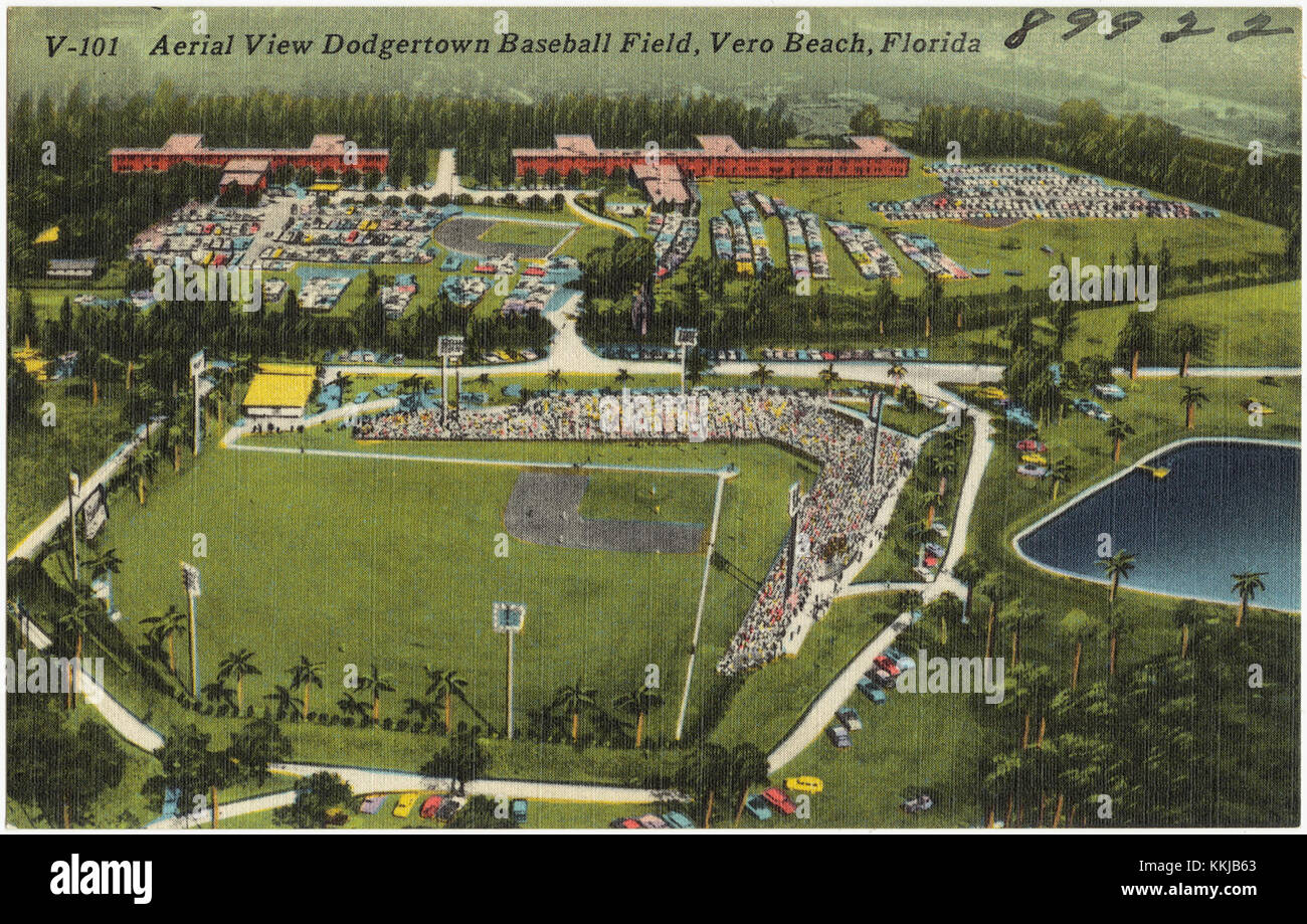 Der Blick aus der Vogelperspektive auf das Dodgertown Baseballfeld in Vero Beach, Florida, zeigt die historische Stätte des Frühjahrstrainings für die Baseballteams der Major League. Stockfoto