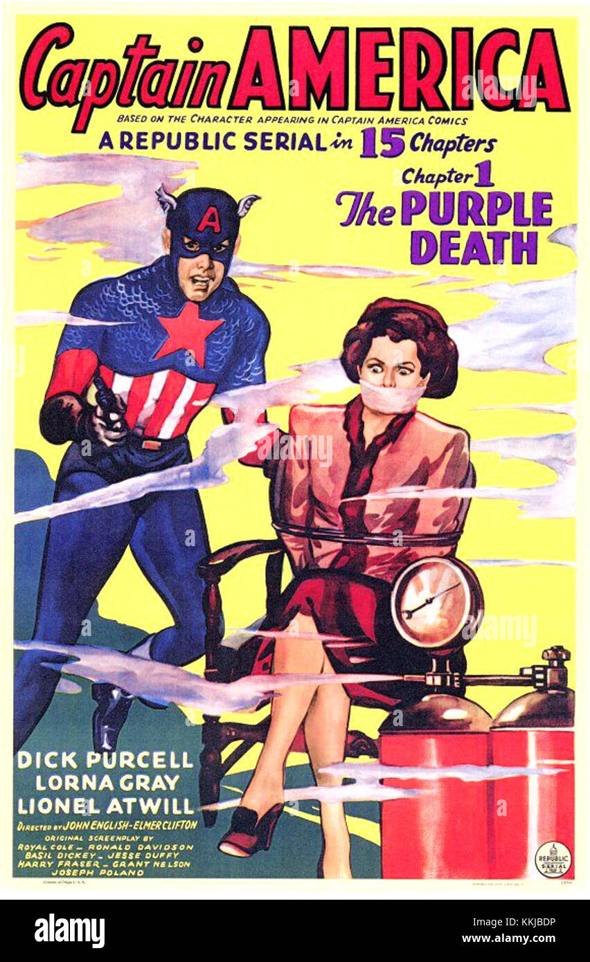 Ein Vintage-Poster der Captain America-Serie, auf dem der legendäre Superheld aus der Filmserie der 1940er Jahre gezeigt wird. Stockfoto