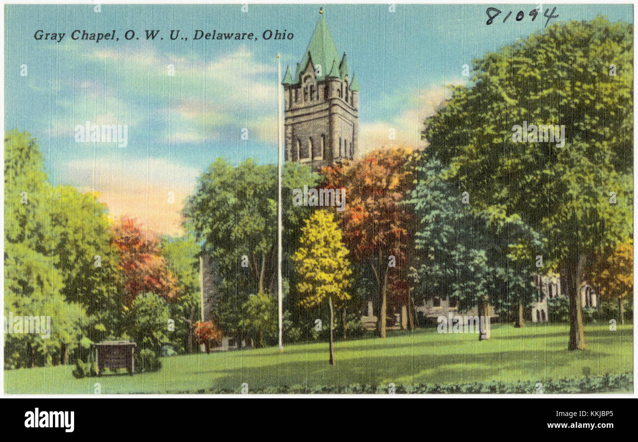 Die Gray Chapel an der Ohio Wesleyan University in Delaware, Ohio, ist eine bemerkenswerte architektonische Struktur. Es wird für verschiedene religiöse und kulturelle Veranstaltungen genutzt und hat historische Bedeutung in der Geschichte der Universität. Stockfoto