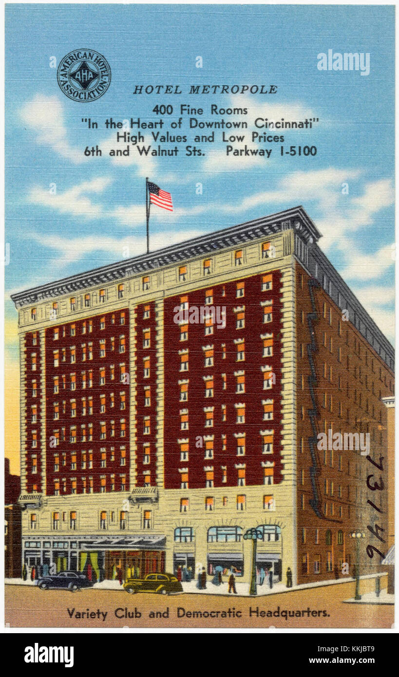 Hotel Metropole, 400 schöne Zimmer, im Herzen der Innenstadt von Cincinnati, hohe Werte und niedrige Preise, 6th and Walnut Sts., Parkway 1-5100 (73146) Stockfoto