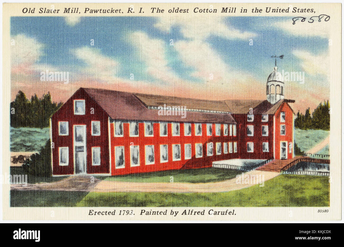Die Old Slater Mill in Pawtucket, Rhode Island, ist die älteste Baumwollmühle der Vereinigten Staaten, die 1793 gegründet wurde. Diese historische Stätte ist ein Schlüsselsymbol für Amerikas industrielle Revolution, mit einem Gemälde von Alfred Carufel, das seine architektonischen Merkmale einfängt. Stockfoto