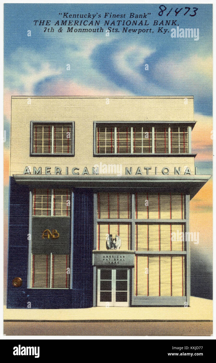 Die American National Bank in Newport, Kentucky, ist ein etabliertes Finanzinstitut. Bekannt für seinen Dienst an der lokalen Gemeinde, ist es ein wichtiger Teil der Bankgeschichte der Region. Stockfoto