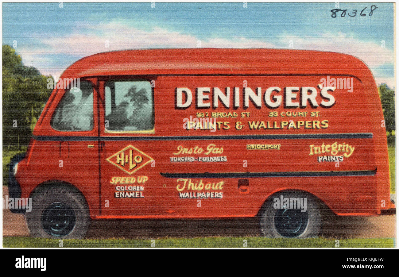 Deninger’s Paintings and Tappapers, die sich in der 932 Broad St. und 33 Court St. in Bridgeport befinden, war bekannt für seine Auswahl an Farben und Tapeten. Das Unternehmen trug zur lokalen Wohnungsbauindustrie in der Region bei. Stockfoto