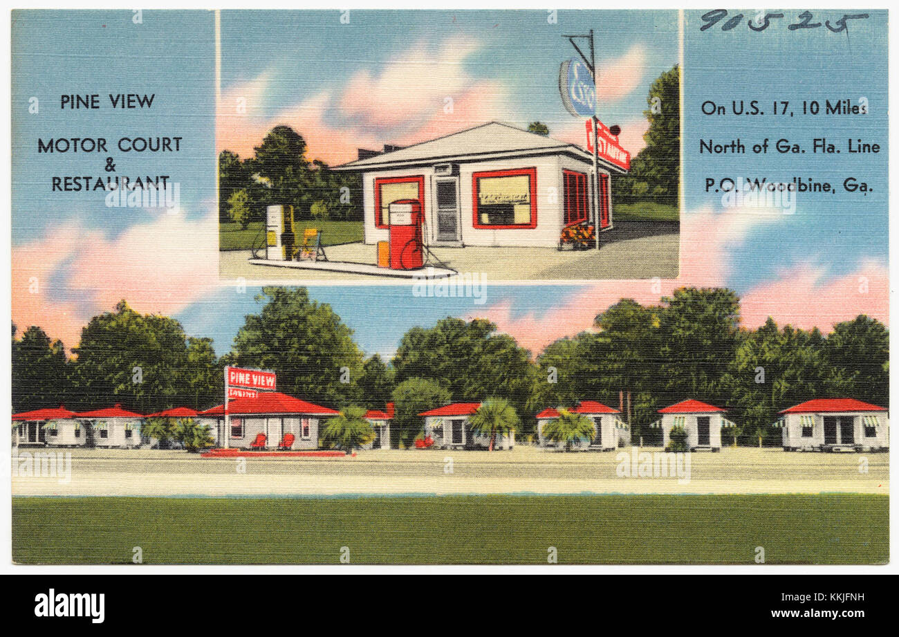 Pine View Motor Court & Restaurant ist ein historisches Hotel am U.S. Highway 17, 16 km nördlich der Staatsgrenze Georgia-Florida, gelegen und bietet Reisenden in Woodbine, Georgia. Stockfoto