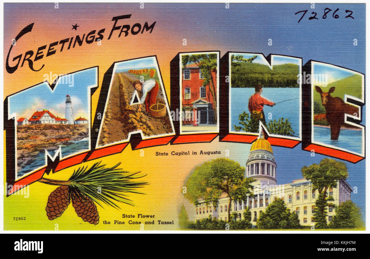 Diese Postkarte mit dem Titel „Grüße aus Maine“ zeigt ikonische Bilder von Maines Landschaft, die die natürliche Schönheit und die malerische Aussicht des Bundesstaates einfangen. Es ist ein Vintage-Reiseandenken aus Maine, das die Attraktivität der Region unterstreicht. Stockfoto
