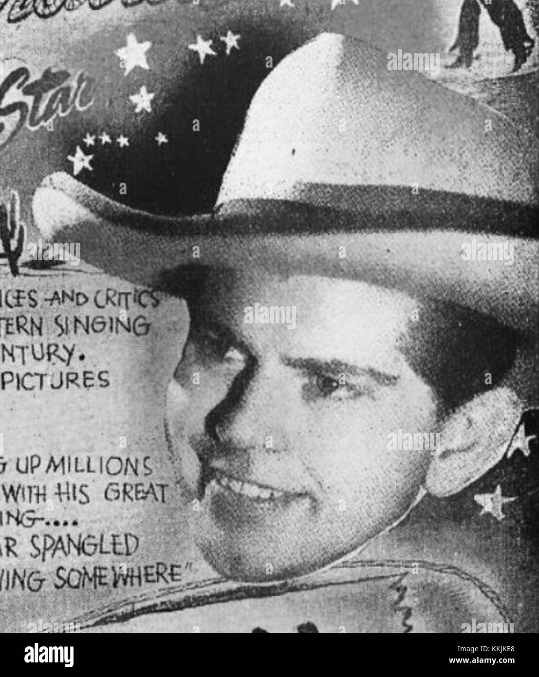 Elton Britt, ein US-amerikanischer Country-Sänger, ist auf einer Vintage-Werbetafel zu sehen und markiert seinen Erfolg Mitte des 20. Jahrhunderts als Künstler. Stockfoto