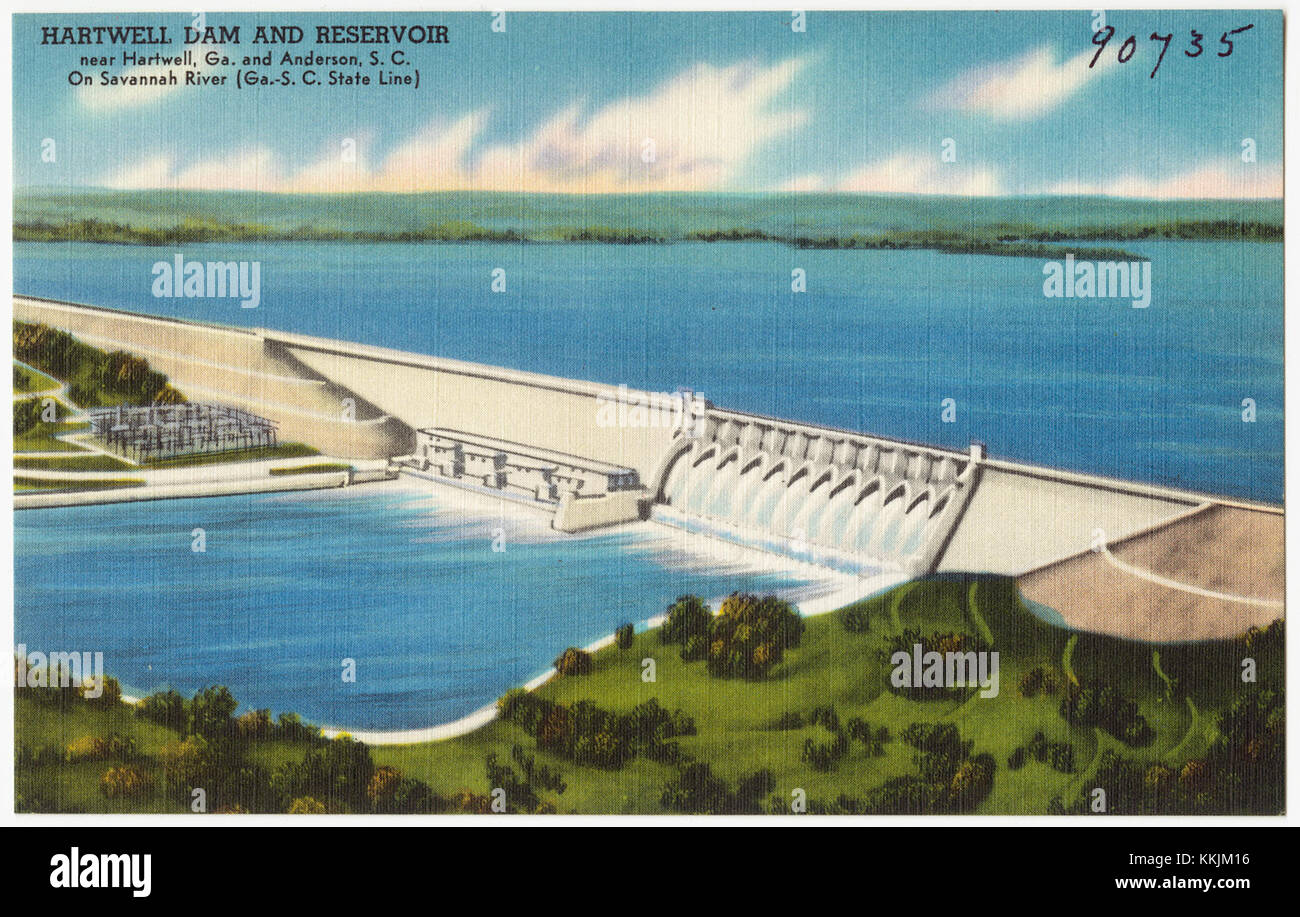Der Hartwell Dam and Reservoir, der sich am Savannah River an der Grenze zwischen Georgia und South Carolina befindet, ist ein wichtiges Infrastrukturprojekt, das Hochwasserschutz, Stromerzeugung und Erholungsmöglichkeiten für die Region bietet. Stockfoto