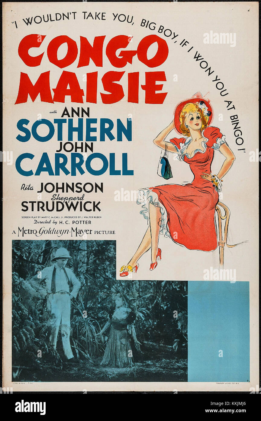 Dieses Filmplakat für „Congo Maisie“ zeigt das klassische Design, das den Film aus den 1940er Jahren anpreist und sein Dschungelabenteuer thematisiert. Stockfoto