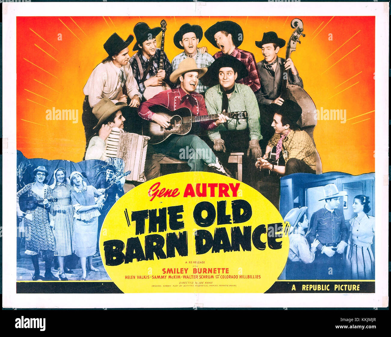 Das Poster Old Barn Dance zeigt die Stafford Sisters, die ihre Auftritte bei diesem legendären amerikanischen Musikevent aus dem frühen 20. Jahrhundert hervorheben. Das Poster fängt die lebendige Energie des Scheunentanzes und die Bedeutung solcher gesellschaftlichen Zusammenkünfte in der amerikanischen Kulturgeschichte ein. Stockfoto