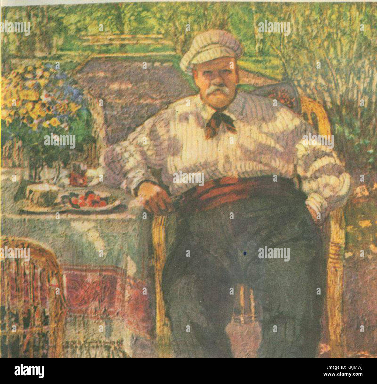 Dieses Porträt von A.M. Gerasimov aus den 1910er Jahren zeigt den russischen Schriftsteller Wladimir Gilyarovsky in seiner Wohnung und hält einen Moment der russischen Literaturgeschichte fest. Stockfoto