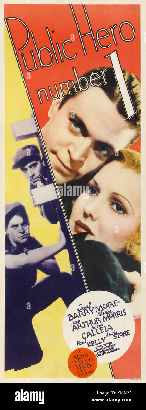 Das Plakat für „Public Hero Nummer eins“ aus dem Jahr 1935 unterstreicht die Faszination der Epoche für Krimi-Filme. Das Poster mit dem Hauptdarsteller wirbt für die düsteren Themen des Films Kriminalität und Gerechtigkeit in den 1930er Jahren Stockfoto