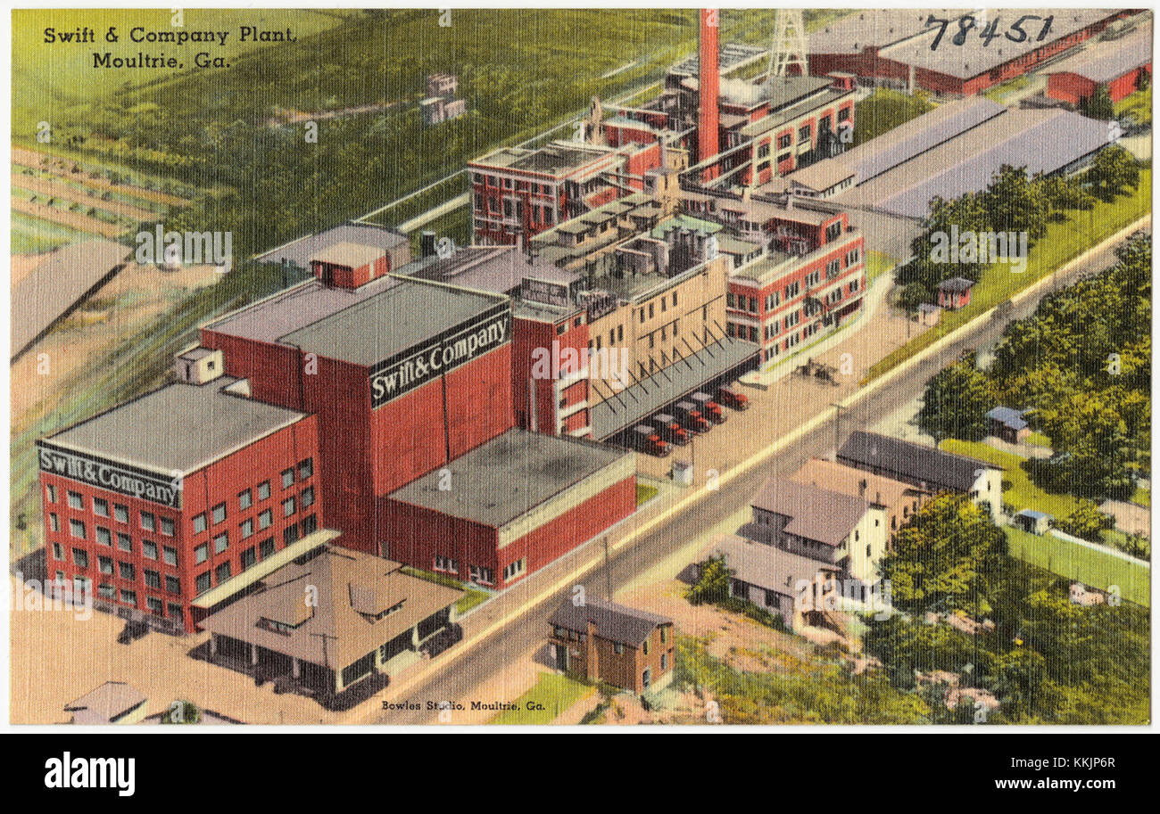 Das Werk Swift & Company in Moultrie, Georgia, ist ein historischer Industriestandort, der zur Fleischverpackungsindustrie beigetragen hat. Sie spielte eine wichtige Rolle in der regionalen Wirtschaft und in der Erwerbsbevölkerung. Stockfoto