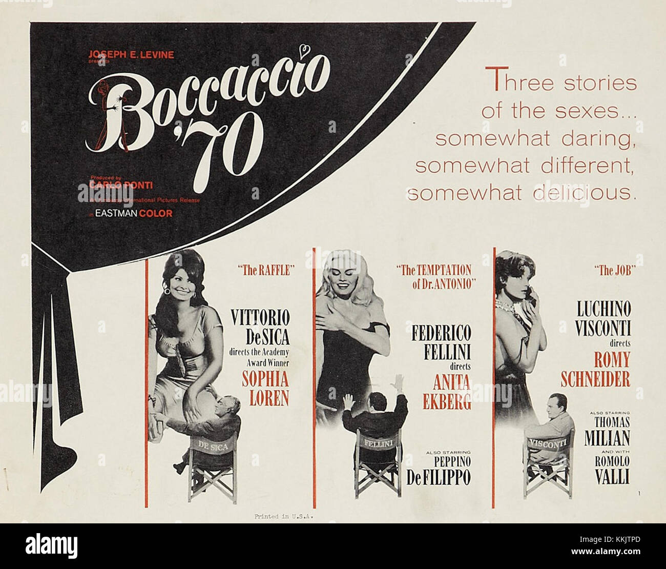 Boccaccio 70 ist ein italienischer Anthologiefilm aus dem Jahr 1962 mit vier Kurzgeschichten, die auf Boccaccios Arbeit basieren. Das Filmplakat unterstreicht die ikonische visuelle Attraktivität des Films und fängt die Essenz des italienischen Kinos in den 1960er Jahren ein Stockfoto