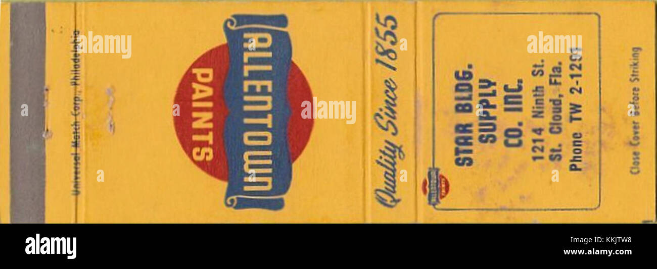 Dieses Streichholzcover von Allentown Paints aus dem Jahr 1960 dient als Vintage-Werbestück und repräsentiert die Präsenz der Marke im amerikanischen Marketing Mitte des 20. Jahrhunderts. Stockfoto