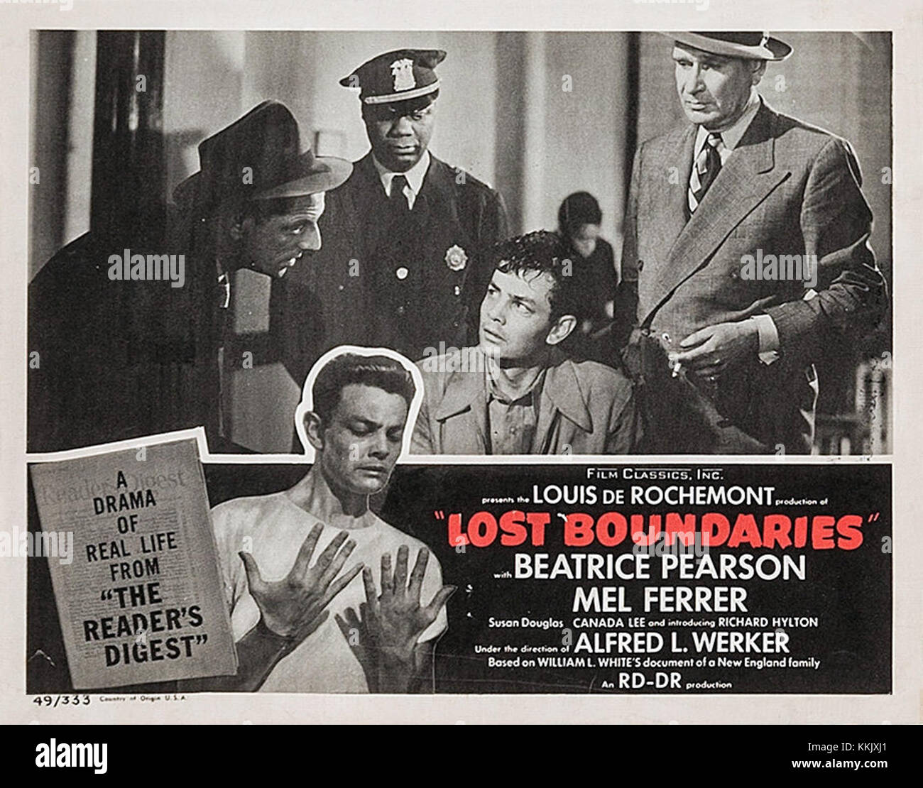 * Lost Boundaries* ist ein Film aus dem Jahr 1949, der sich mit Rassenproblemen in Amerika befasst. Der Film war bahnbrechend für die offene Auseinandersetzung mit solchen Themen und ein bedeutender kultureller Kommentar über die Rassenbeziehungen in den Vereinigten Staaten während der Nachkriegszeit. Stockfoto