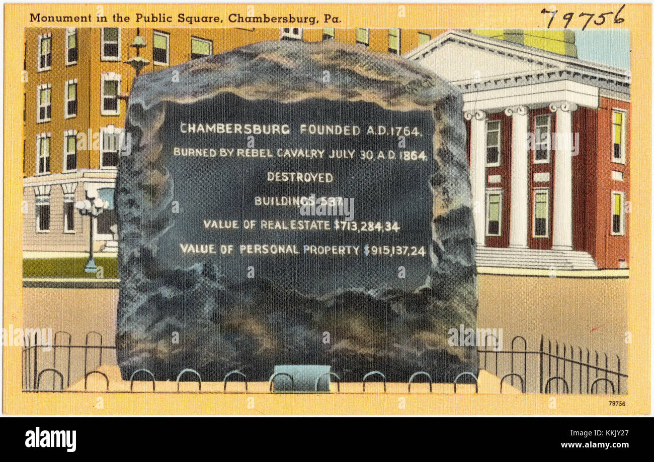 Ein Denkmal auf dem öffentlichen Platz von Chambersburg, Pennsylvania, USA. Es stellt ein historisches Ereignis oder eine Figur dar, die der Gemeinde kulturellen und erzieherischen Wert bietet. Stockfoto