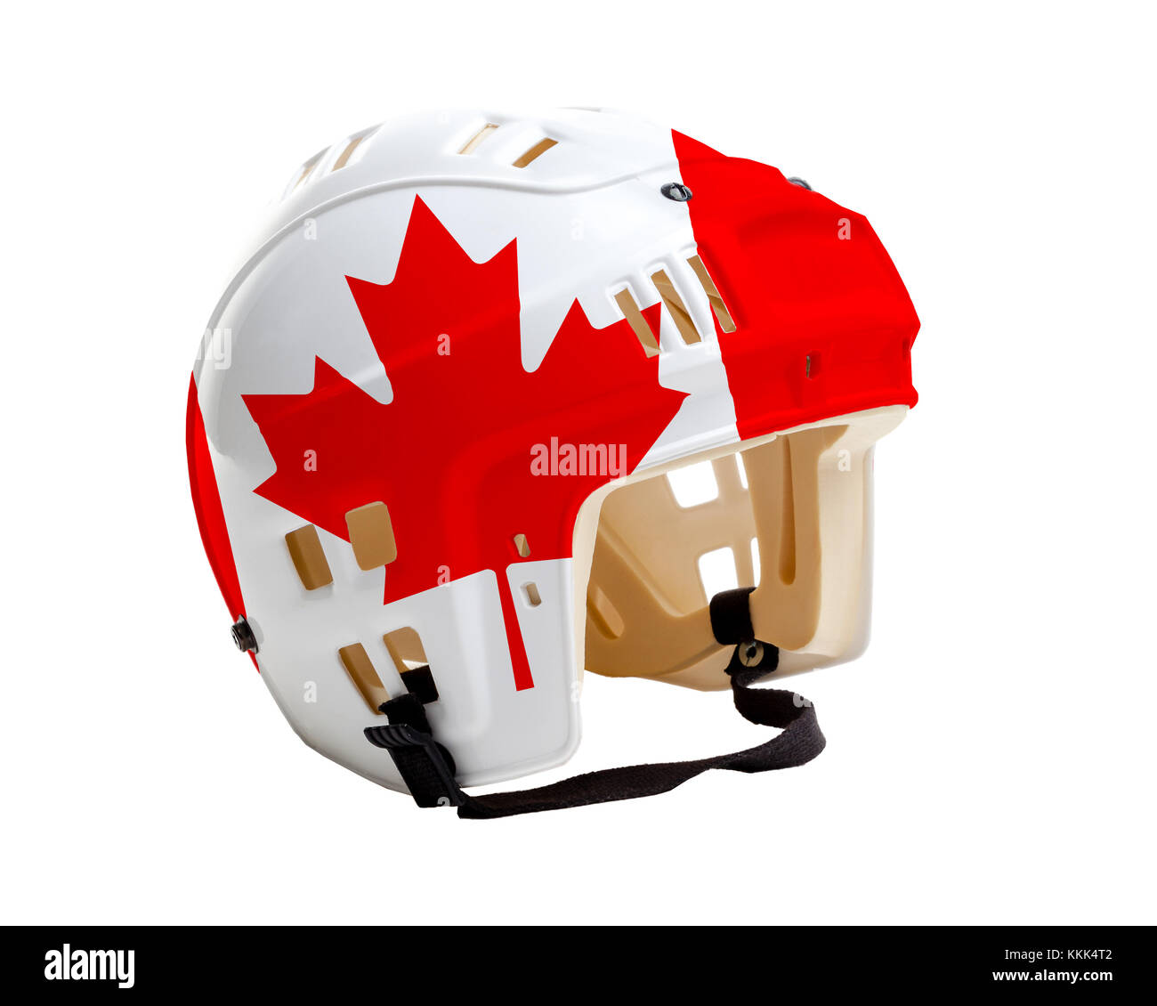 Eishockey Helm mit Kanada Flagge bemalt. auf weißem Hintergrund Stockfoto